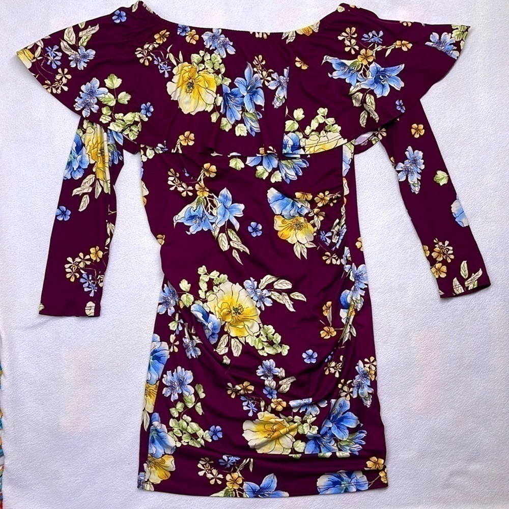 Hello Miz Burgundy Floral Off The Shoulder Ruffle Maternity Dress Small - Picture 4 of 9